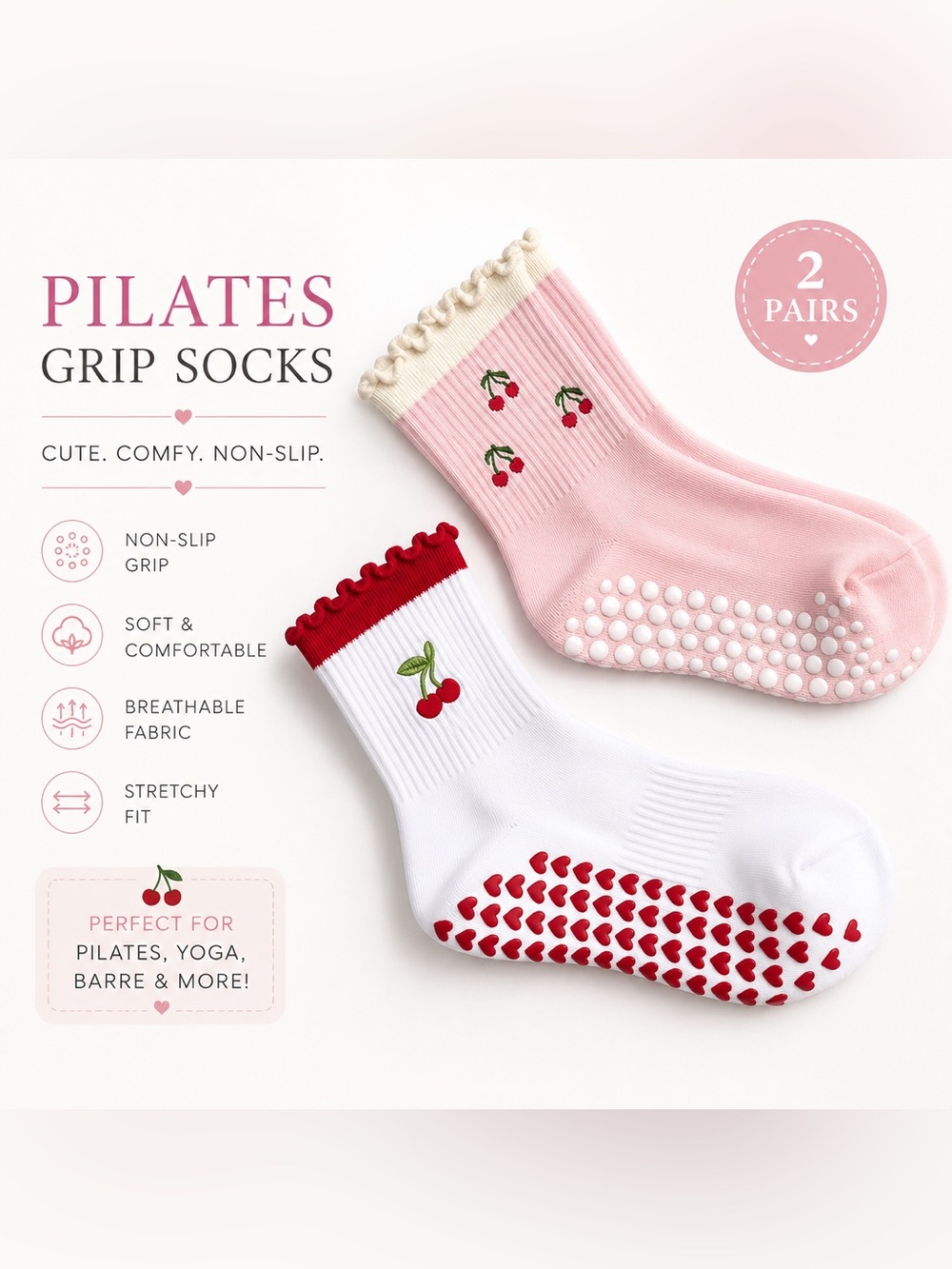 Cherry Pilates Grip Socks Set 🍒 Non Slip Yoga Socks